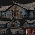 Traditional Ancient Building With Wooden Structure Thatched Roof Blue Wooden Walls And Interior Views
