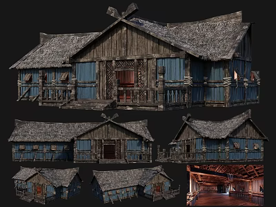 Traditional Ancient Building With Wooden Structure Thatched Roof Blue Wooden Walls And Interior Views 3d model