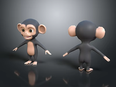 Cartoon Monkey 3D Models Front Back View Gray Body Pink Ears Black Background 3d model