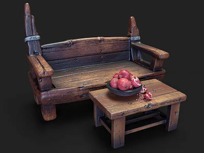 Handcrafted Root Carving Tea Table With Natural Wood Texture And Fruit Decoration 3d model