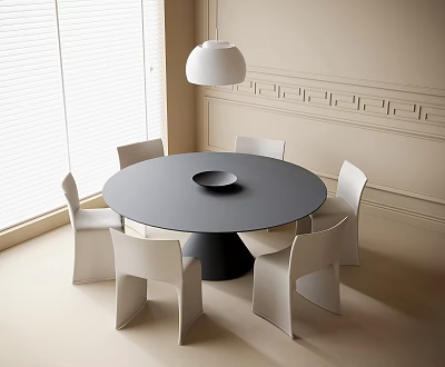 Modern Round Black Table with White Chairs in Room with Window and Minimalist Wall Decor 3d model
