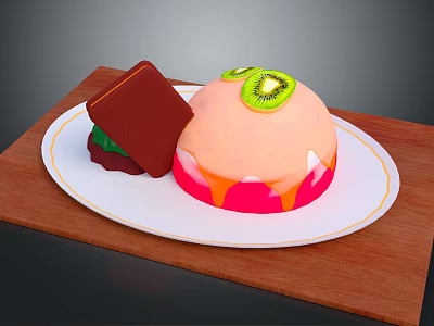 Delicious Pink Dessert Topped With Kiwi Slices And Chocolate Piece On White Plate Wooden Board 3d model