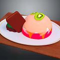 Delicious Pink Dessert Topped With Kiwi Slices And Chocolate Piece On White Plate Wooden Board