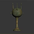 Ancient Bronze Vessel With Three Spires Ring Handles And Decorative Patterns On Slender Base 3d model