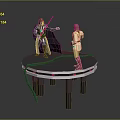 Black Cloaked Character With Red Lightsaber And Yellow Outfitted Figure Standing On Circular Platform