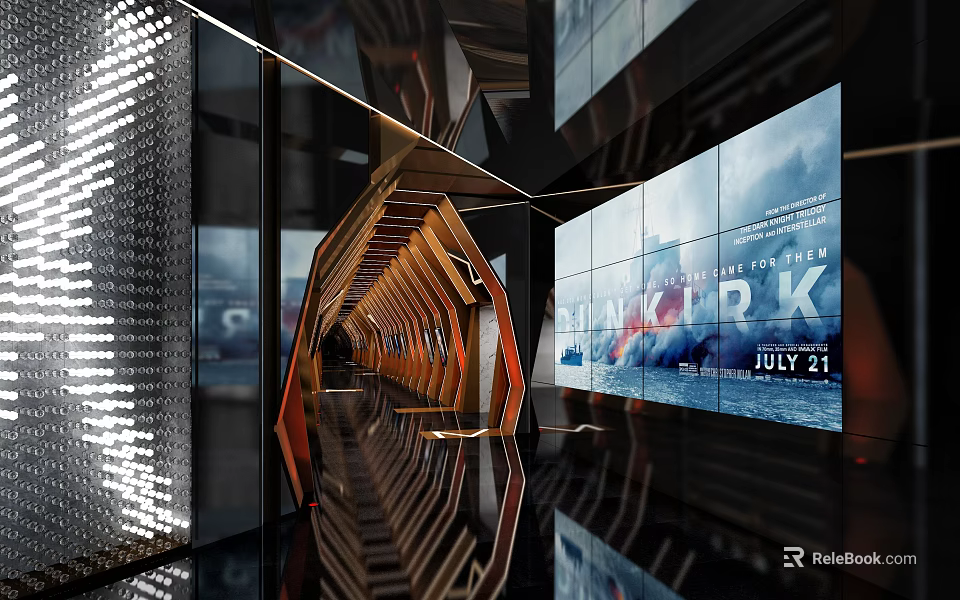 Modern Elevator Lobby Interior Design With LED Lighting Digital Screens And Reflective Flooring 3d model 
