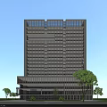 Modern Tall Office Building With Glass Facade Greenery Lawn Trees And Parking Area
