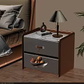 Brown and White Bedside Table with Two Drawers Lamp Books Glass Bottle Beside Bed with Pillow and Plant