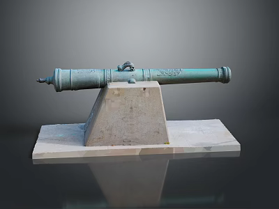 Ancient Bronze Cannon Weapon Displayed On Stone Pedestal With Stone Slab 3d model
