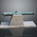 Ancient Bronze Cannon Weapon Displayed On Stone Pedestal With Stone Slab
