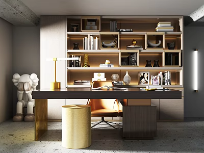 Modern Home Office Interior With Bookshelves Desk Chair Table Lamp Golden Stool And Decorative Items 3d model