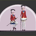 Anime Character Figurines in Red Coats and White Skirts with Hats on Pink Display Stand