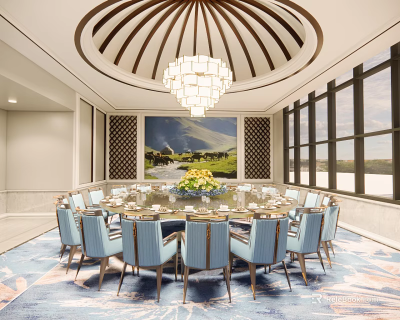 Luxurious Private Dining Room With Round Table Blue Chairs Chandelier Lattice Screen And Scenic View 3d model 