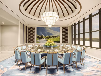 Luxurious Private Dining Room With Round Table Blue Chairs Chandelier Lattice Screen And Scenic View 3d model
