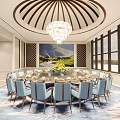 Luxurious Private Dining Room With Round Table Blue Chairs Chandelier Lattice Screen And Scenic View