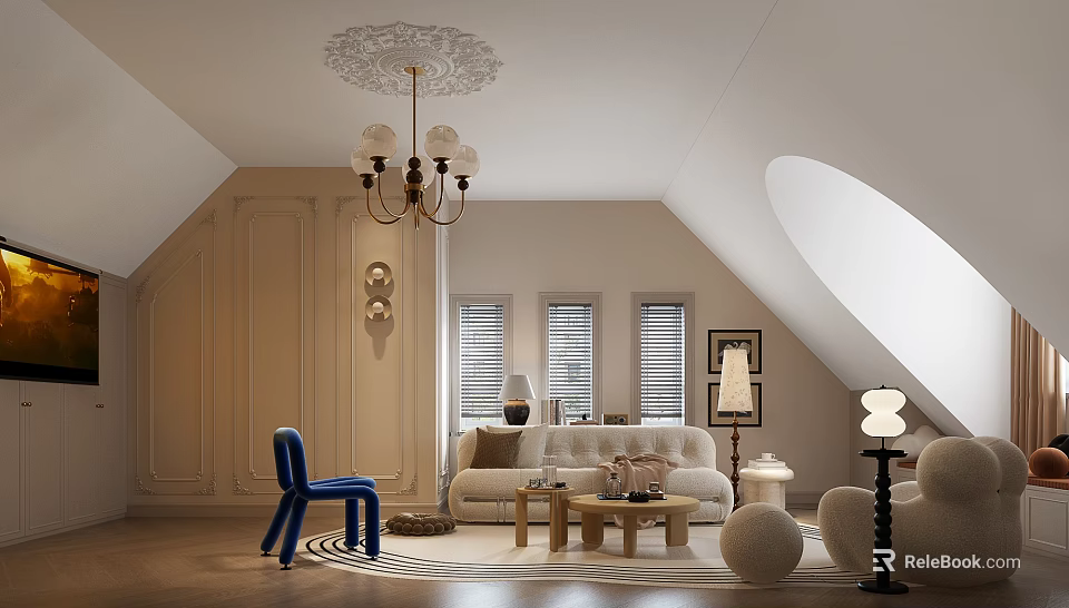 Attic Style Living Room with White Ceiling Gold Chandelier Blue Armchair and Beige Sofa 3d model 