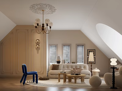 Attic Style Living Room with White Ceiling Gold Chandelier Blue Armchair and Beige Sofa 3d model
