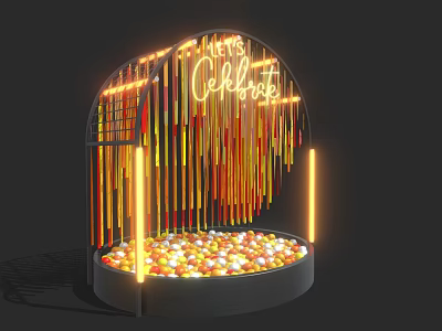 Celebration Event Entrance With Arched Structure Illuminated Let's Celebrate Sign And Colorful Balls Below 3d model