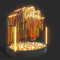 Celebration Event Entrance With Arched Structure Illuminated Let's Celebrate Sign And Colorful Balls Below