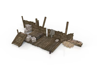 Modern Outdoor Wooden Deck Area Featuring Fence Barrels Sacks And Decorative Elements 3d model