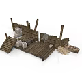 Modern Outdoor Wooden Deck Area Featuring Fence Barrels Sacks And Decorative Elements