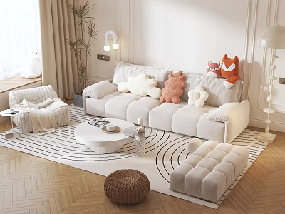 Modern Cozy Sofa and Coffee Table Set with Plush Cushions Round Table and Patterned Rug 3d model
