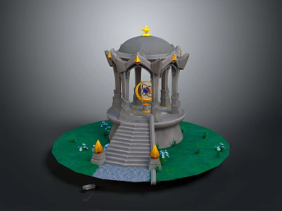Gray Gazebo With Golden Top Decoration Green Grass White Flowers And Steps 3d model