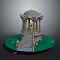 Gray Gazebo With Golden Top Decoration Green Grass White Flowers And Steps
