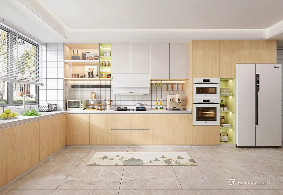 Modern Kitchen Interior Design With Light Colored Wooden Cabinets White Refrigerator Window And Oven 3d model 