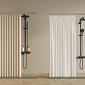 Modern Bathroom Shower Area With Beige White Curtains Black Heads And Bath Products
