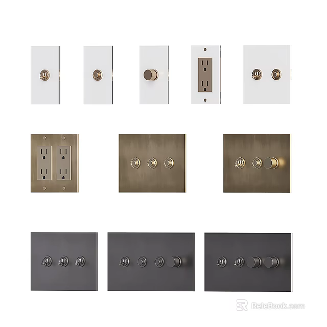 Various Electrical Switch And Outlet Plates In White Brass Gray Designs 3d model 