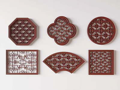 Traditional Wooden Lattice Windows Featuring Various Decorative Geometric And Floral Shapes 3d model