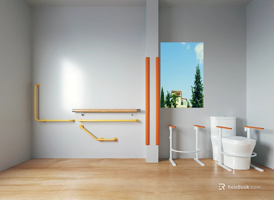 Accessible Room With Yellow Orange Grab Bars White Toilet Stools Wooden Flooring And Window View 3d model 