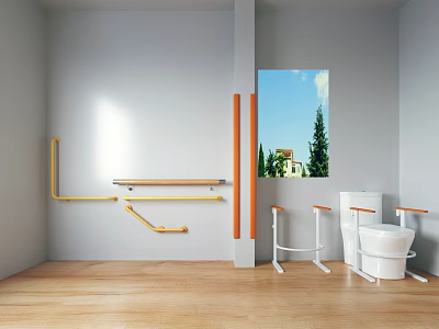 Accessible Room With Yellow Orange Grab Bars White Toilet Stools Wooden Flooring And Window View 3d model