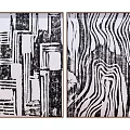 Two Framed Black And White Abstract Artworks With Geometric And Wavy Patterns