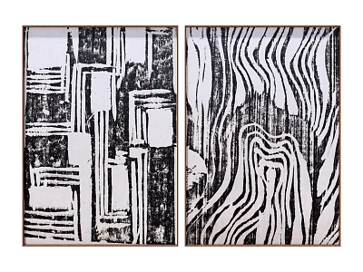 Two Framed Black And White Abstract Artworks With Geometric And Wavy Patterns 3d model