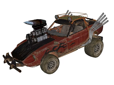 Modified Red Off Road Car With Spiked Front Bumper Roof Exhaust And Large Tires 3d model