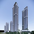 Modern High Rise Residential Buildings With Glass Facades Against Clear Blue Sky