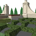 Formal Garden Landscape With Trimmed Hedges Fountain And Stone Pathways