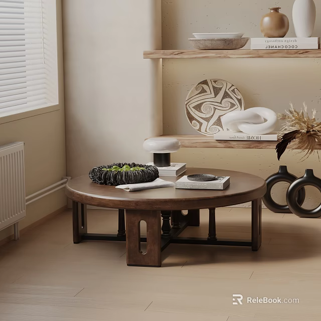 Modern Sofa Coffee Table Set Featuring Round Wooden Table With Decorative Books And Vases 3d model 
