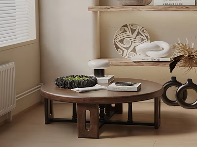 Modern Sofa Coffee Table Set Featuring Round Wooden Table With Decorative Books And Vases 3d model