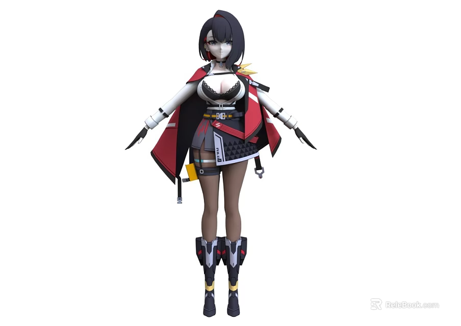 Anime Style Woman In Red Black White Outfit With Arm Blades And Decorative Boots 3d model 