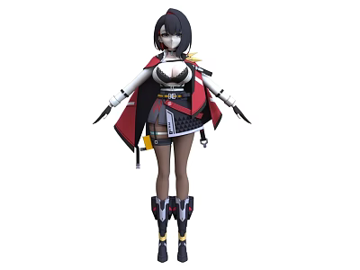 Anime Style Woman In Red Black White Outfit With Arm Blades And Decorative Boots 3d model