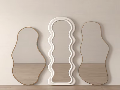 Three Different Shaped Mirrors With White And Wooden Frames Against The Wall Reflecting The Floor 3d model