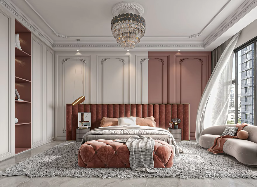 Elegant Modern Bedroom Interior With Upholstered Headboard Chandelier Area Rug And Armchair 3d model 