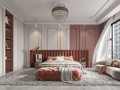 Elegant Modern Bedroom Interior With Upholstered Headboard Chandelier Area Rug And Armchair 3d model