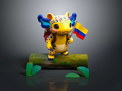 Cute Yellow Dragon With Blue Ears Spots Holding Colombian Flag On Green Log And Leaves 3d model