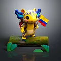Cute Yellow Dragon With Blue Ears Spots Holding Colombian Flag On Green Log And Leaves
