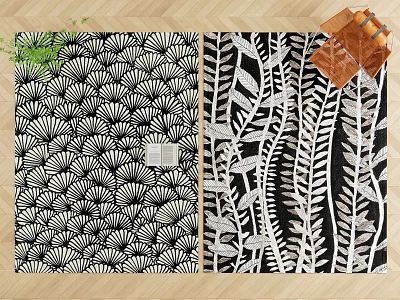 Two Square Rugs With Black And White Fan And Leaf Patterns On Wooden Floor 3d model