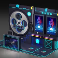 Cyberpunk Themed Photo Spot With Neon Lights Circular Device Screens And Grid Fence